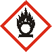 Faropiktogram GHS03 med en flamma runt bokstaven O. 