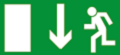 Nödskylt med en rektangel som symboliserar en dörr, en riktningspil som pekar nedåt och en springande person.