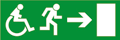 Nödskylt med en riktningspil som pekar från en person som rör sig framåt i en rullstol och en springande person, mot en rektangel som symboliserar en dörr.
