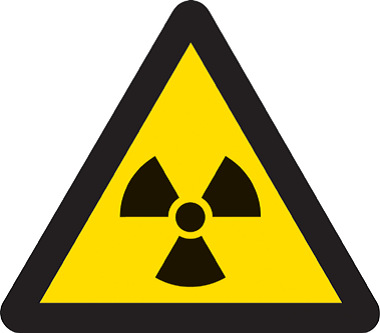 Varningsskylt med propellerliknande symbol för radioaktiv strålning.