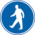 Påbudsskylt med siluett av en gående person.